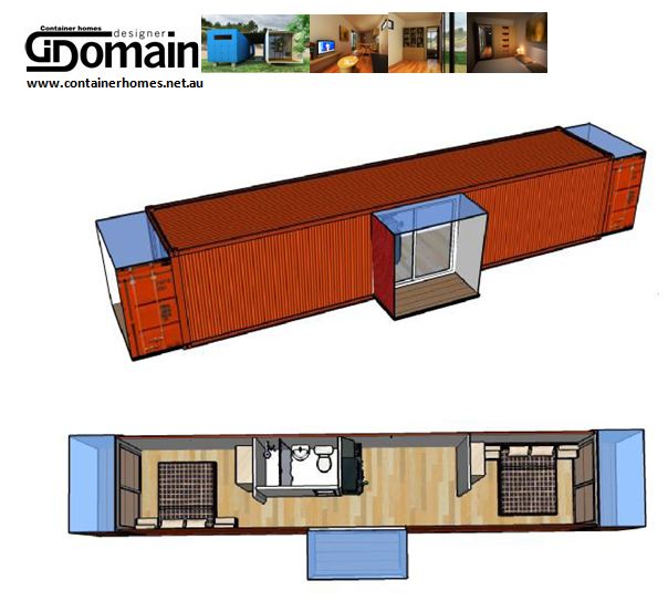 Diagram of a container home. Orange container with blue accents, and interior layout of bedrooms and bathroom.