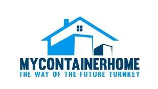 Logo for My Container Home, a blue house illustration with the company name and tagline.
