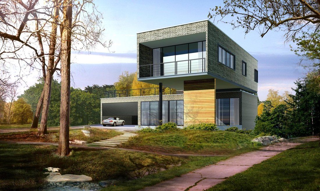 Modern two-story house with cantilevered upper level, glass walls, and a car parked in the garage, surrounded by trees.