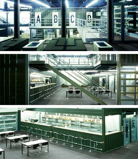 Three interior views of a modern industrial space with metal structures and green accents.