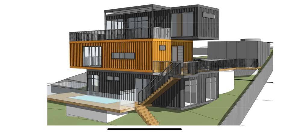 Modern house constructed from shipping containers, with multiple levels, pool, and wooden staircase.