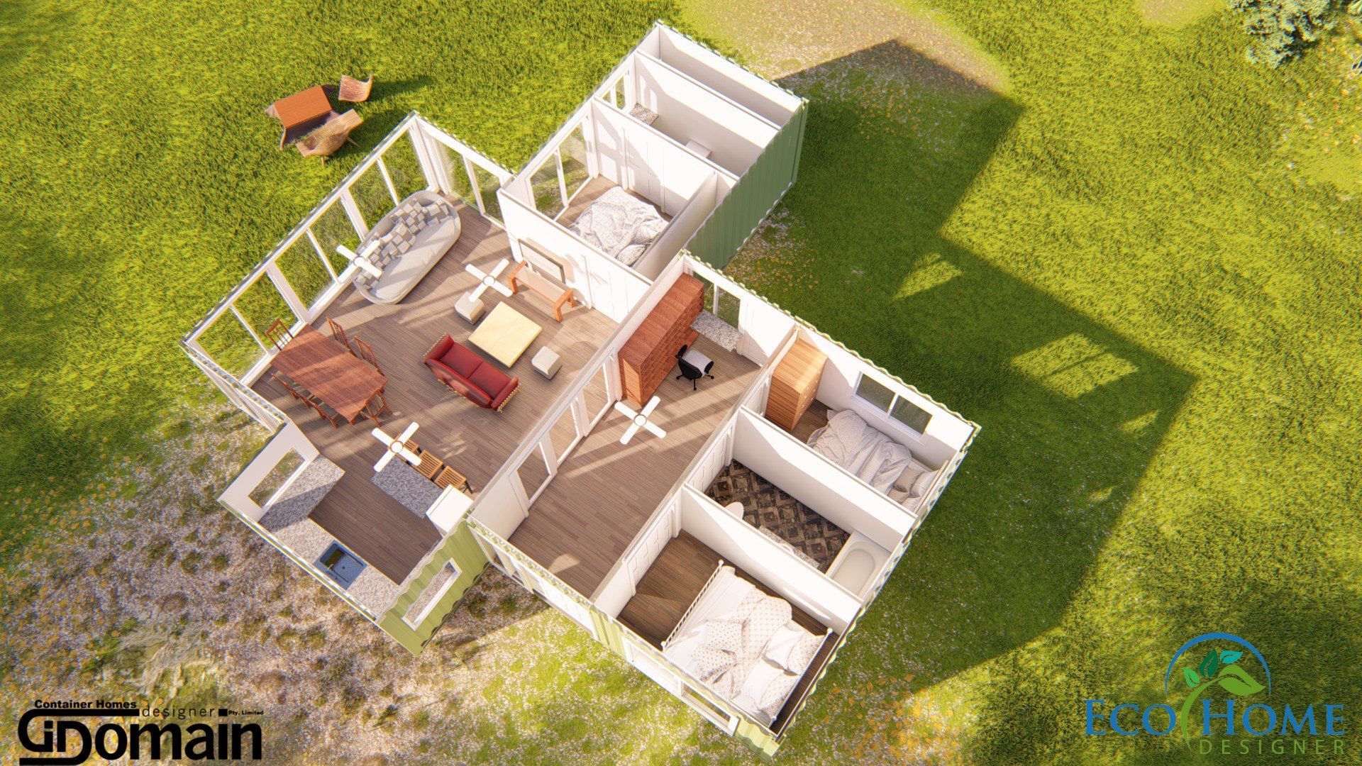 Overhead view of a house with four connected rectangular sections; green exterior, interior visible.