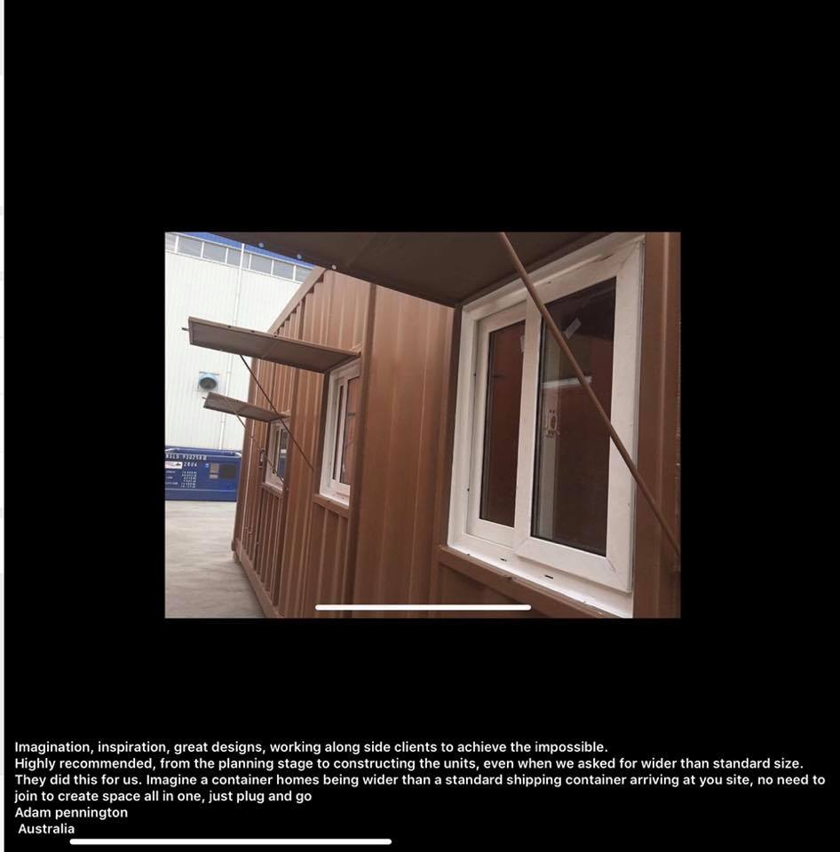 Brown container with white-framed windows; awning extending out. Text: 