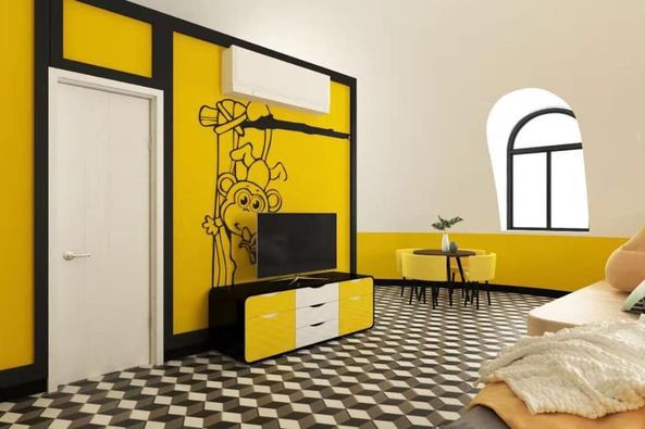 Yellow room with a TV, a white door, and a black-and-white checkered floor.