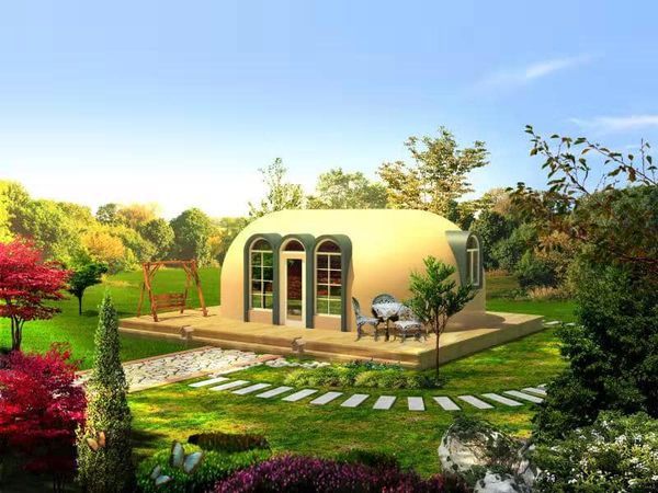 Dome-shaped beige home with arched windows and a porch, set in a sunny, green garden with a swing.