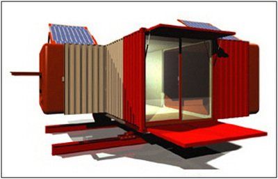 Red shipping container home with solar panels and open doors.