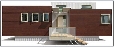 Modern house with brown siding, a small balcony, and a covered entry.