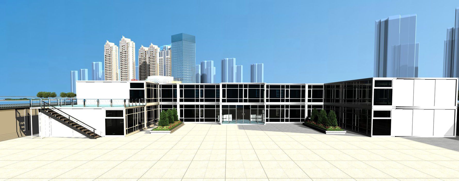 Modern building with glass windows, white walls, and a large plaza in front. Skyscrapers are in the background.
