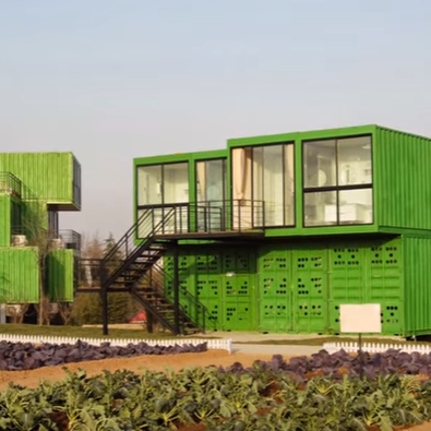 Green shipping container buildings with black stairs and large windows in a garden.