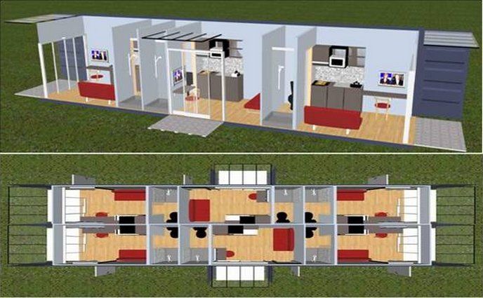 Cutaway and top-down view of a modern, rectangular home. Interior features open spaces, furniture, and kitchen.