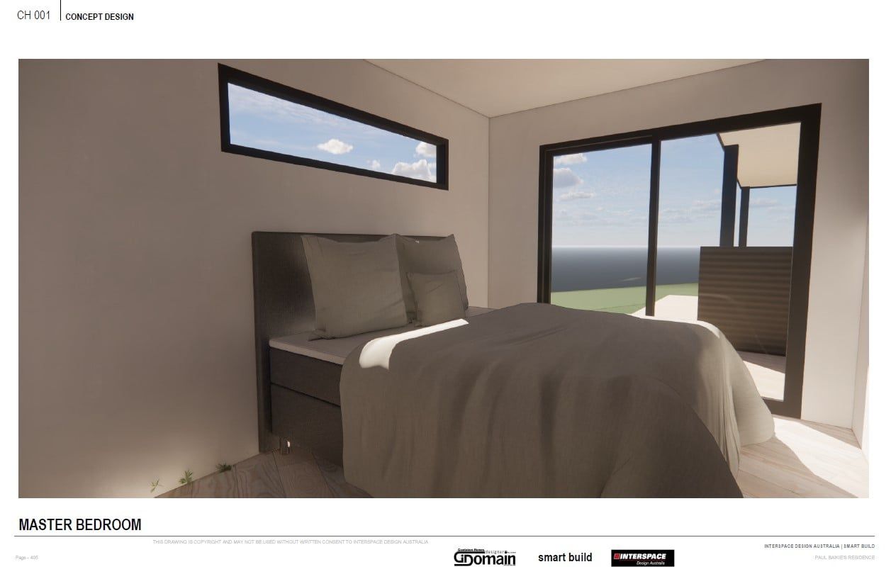 Bedroom interior with bed, large window, and sliding glass door overlooking a landscape.