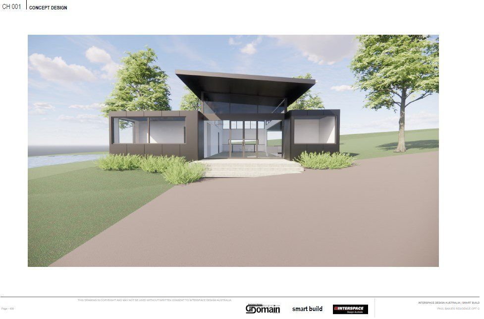 Modern black building with glass entrance and windows, sloped roof, on a grassy hill near water.