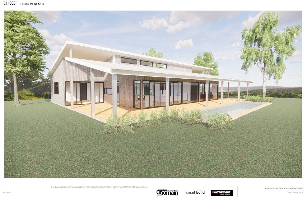 Architectural rendering of a modern home with a swimming pool, glass doors, and a covered porch.