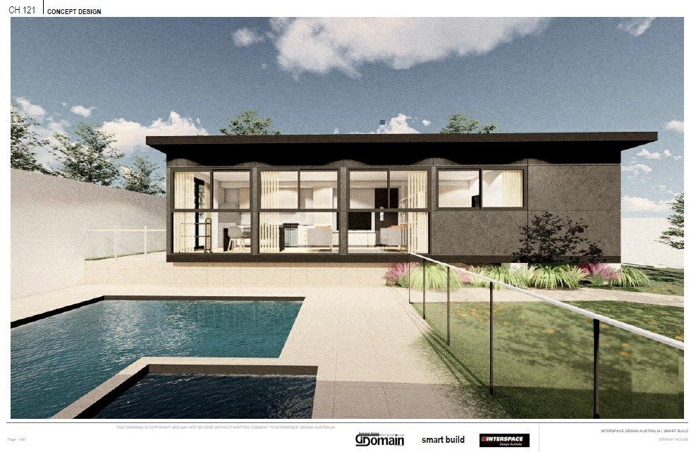 Modern home exterior with pool and glass fence, with glass walls.