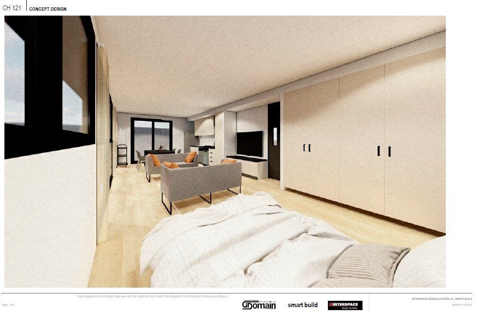 Interior rendering of a modern apartment with light wood floors, gray furniture, and a built-in cabinet.