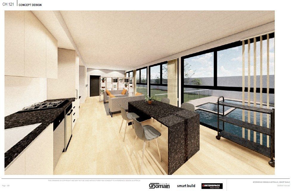 Interior rendering of a modern kitchen and living area with black countertop and large windows overlooking an outdoor space.