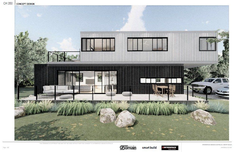 Modern container home with black and white exterior, glass doors, and a balcony. A car is parked nearby.