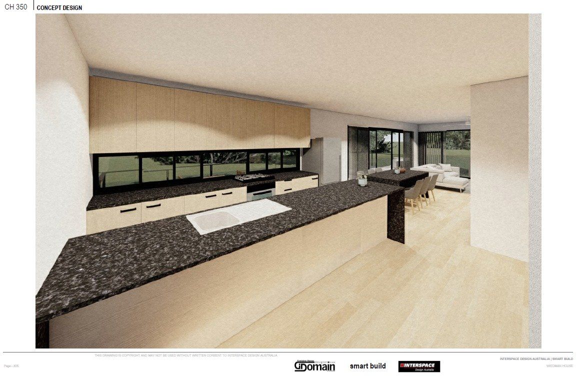 Modern kitchen interior with wood cabinets, dark countertops, and large windows.