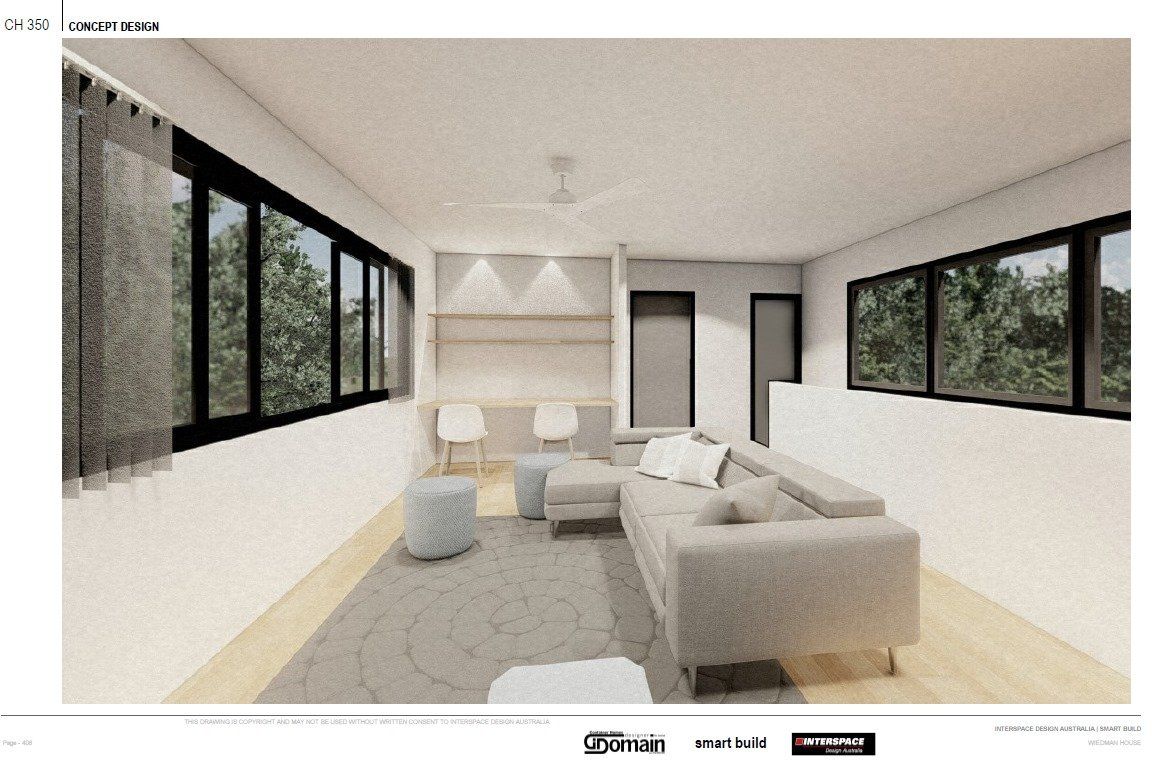 Modern living room interior with windows, sofa, and minimalist decor.