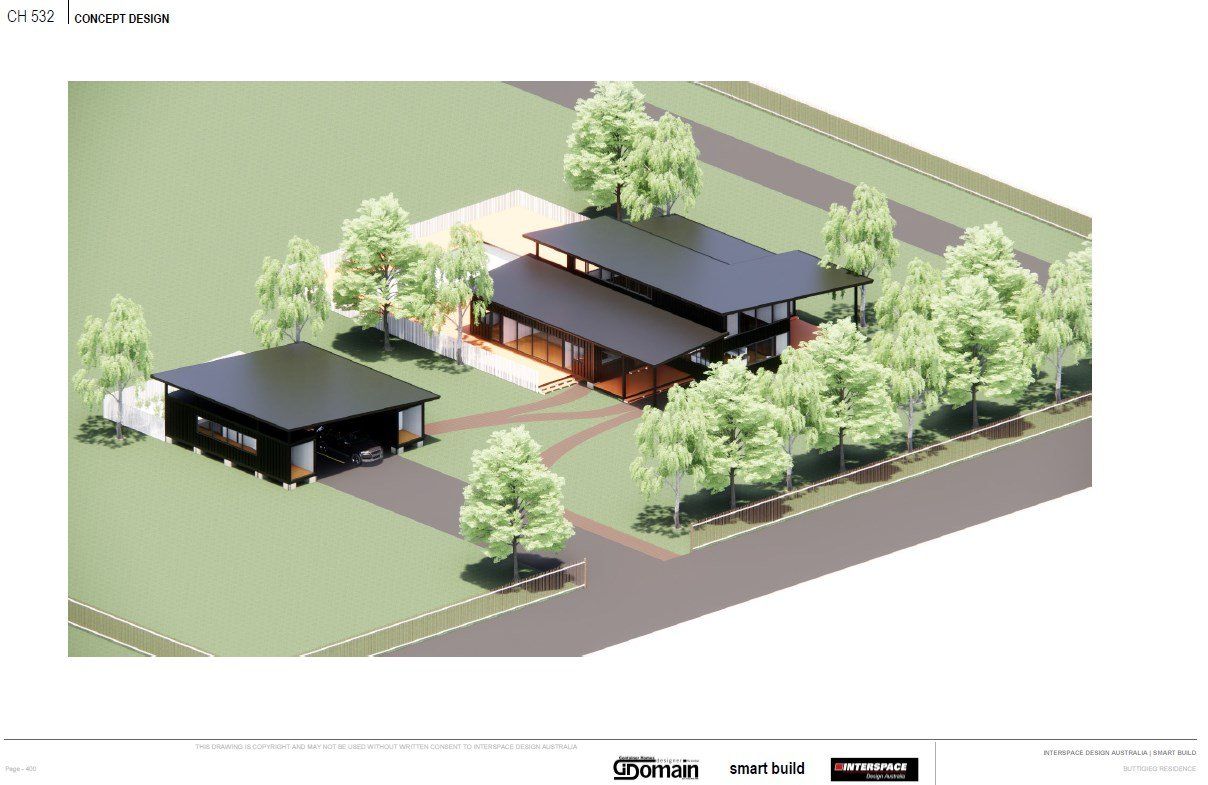 Isometric architectural rendering of a modern home with a detached garage, trees, and landscaping.