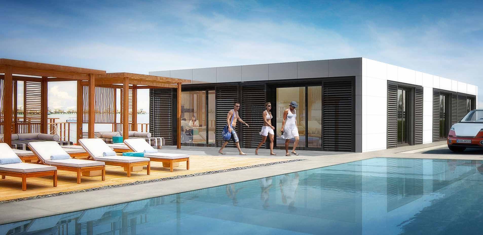 Rooftop pool with chaise lounges, wooden pergola, and three people near the building.