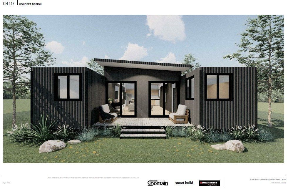 Exterior rendering of a modern, dark grey corrugated steel home with a deck and two chairs.