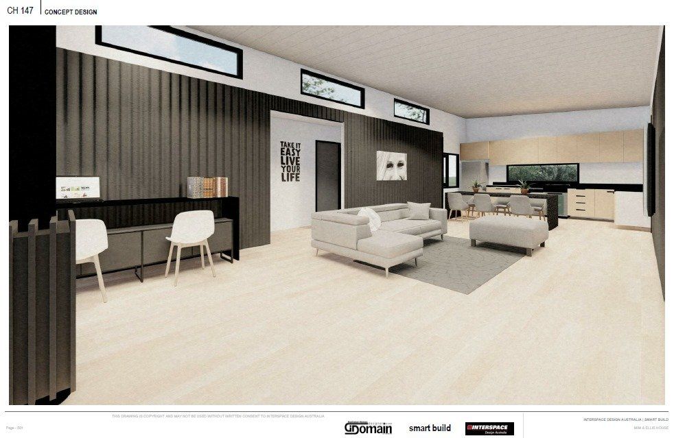 Modern interior rendering with dark gray accent wall, sofa, and light wood flooring.