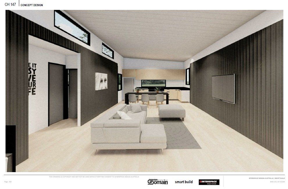 Modern interior design rendering, featuring living space with neutral colors, wooden paneling, and a kitchen area.