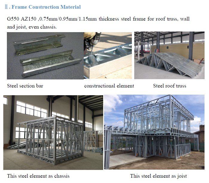Steel frame construction materials: steel section bars, structural elements, trusses, chassis, and joists.