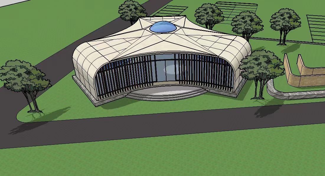 Architectural rendering of a modern, multi-angled building with a glass facade, set in a green space.