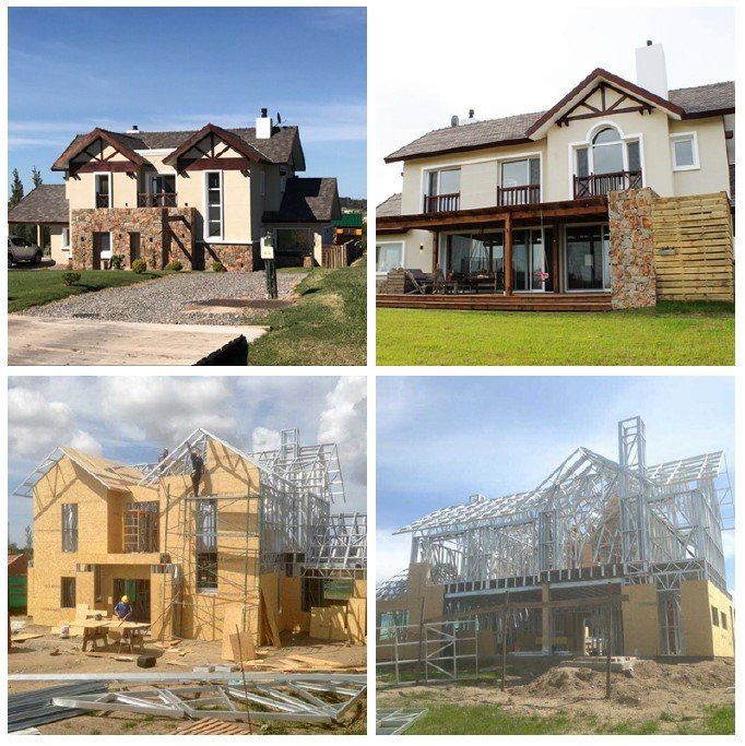 Collage showing a house under construction and the finished building. Completed house has light-colored walls and a brown roof.