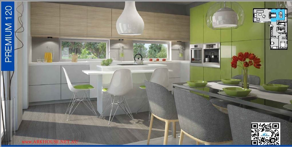 Modern kitchen and dining room with white and green elements. Bright lighting, dining table, and chairs are visible.