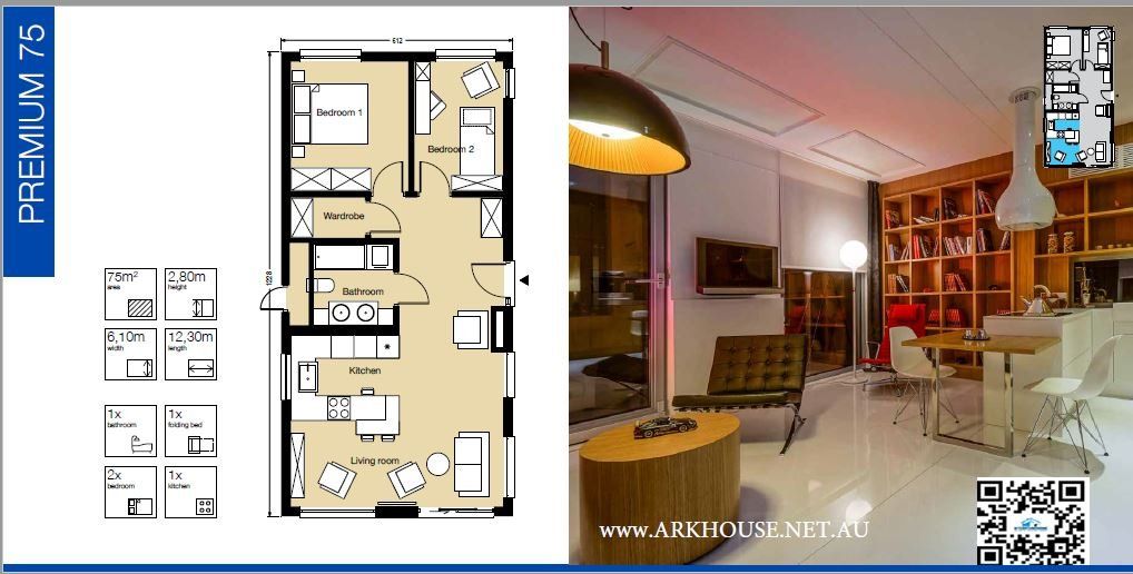 Floor plan and interior view of a modern apartment with living room, kitchen, bedroom.