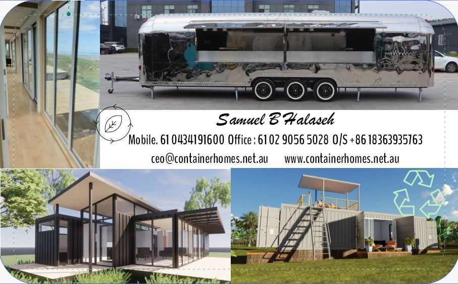 Composite image of container homes and trailers; contact info for Samuel E. Halacek.