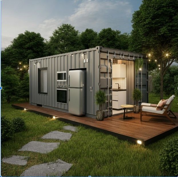 Shipping container home with deck, kitchen appliances, and outdoor seating in a grassy yard surrounded by trees.