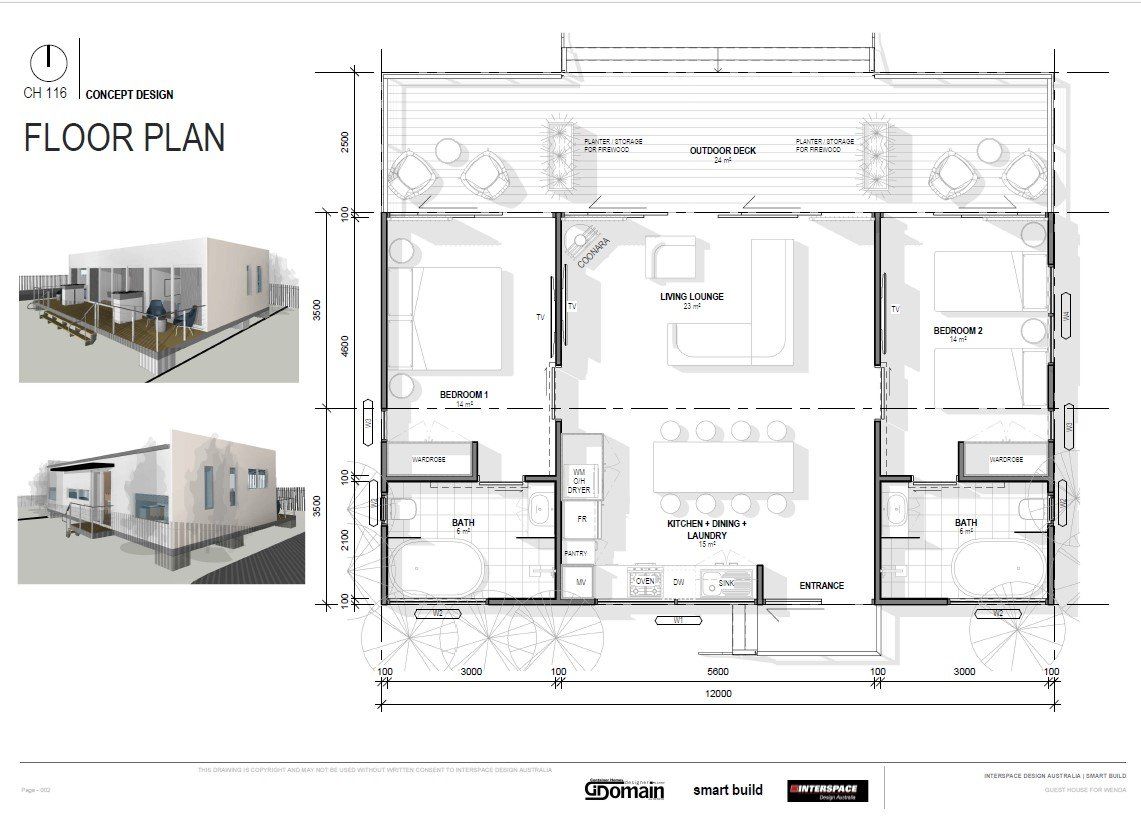 Floor plan of a modern house, showing rooms and patio layout with 3D architectural renderings.