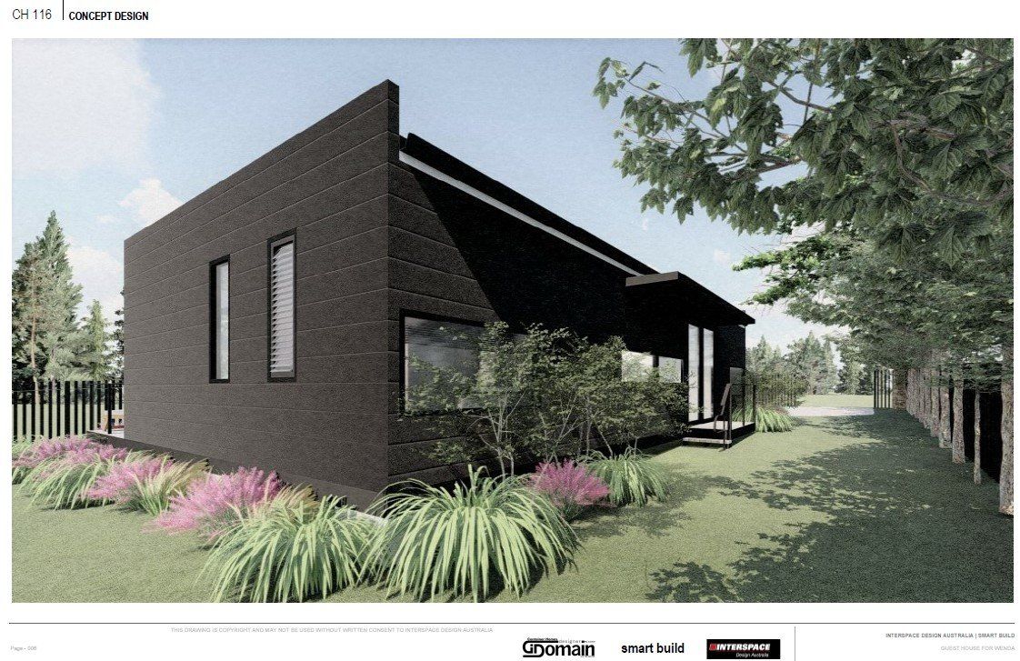Modern black house with angled roof, two vertical windows, and landscaping.
