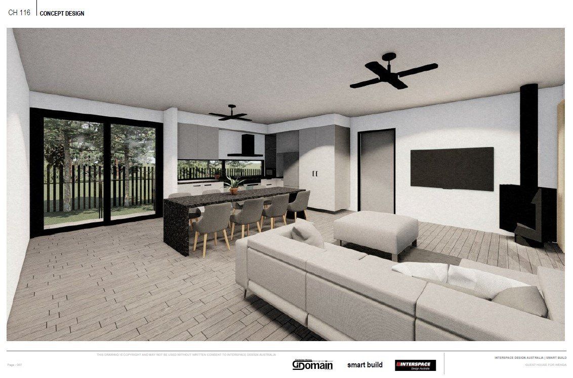 Modern kitchen and living room concept. Light wood floor, gray cabinets, black accents, large windows, and a sectional sofa.