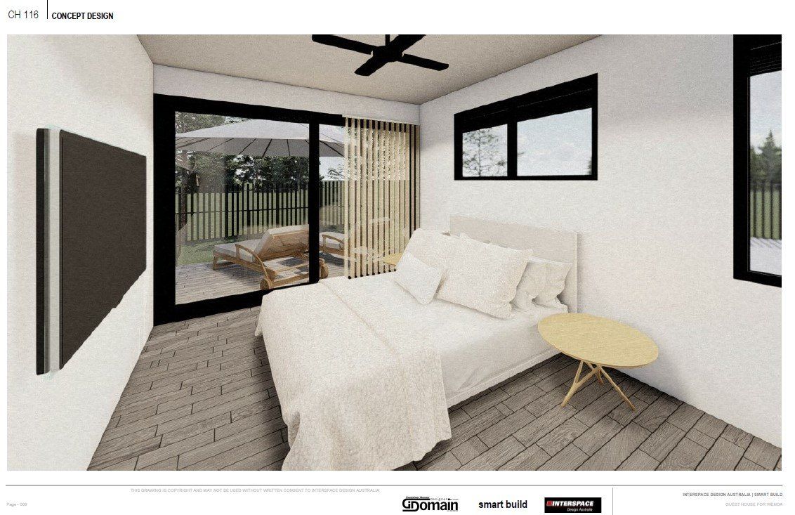 Bedroom with large sliding door to outdoor patio, white bed, wooden floors, and a small yellow side table.