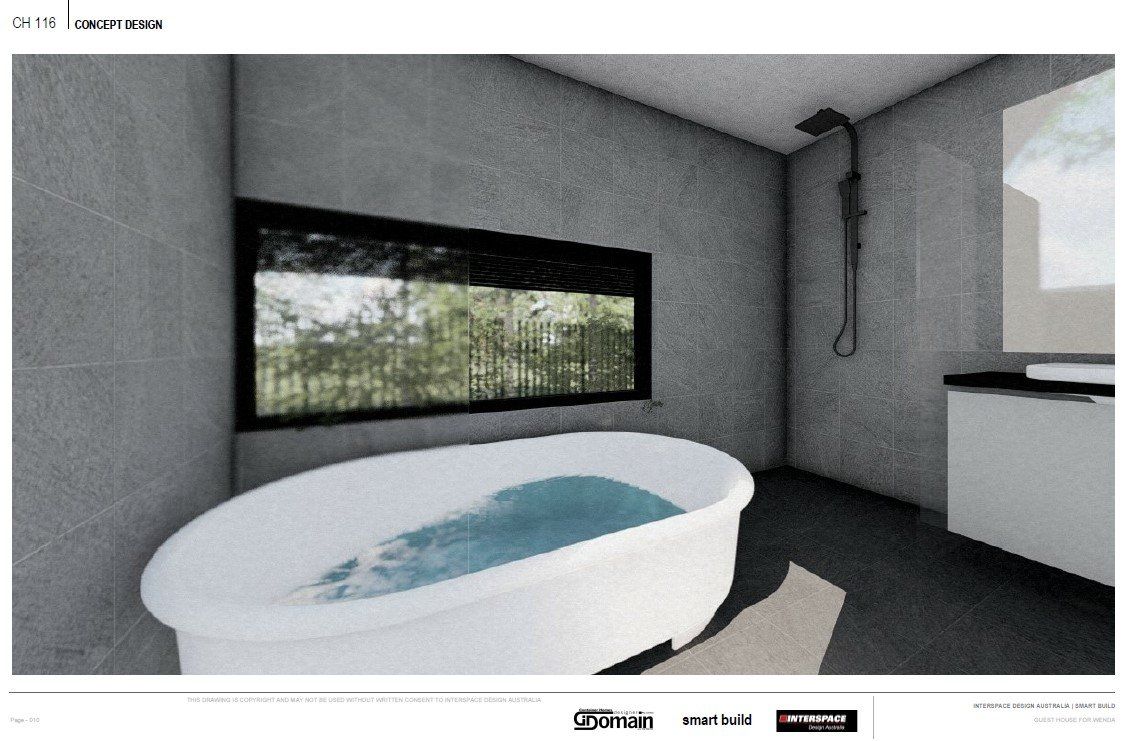 Modern bathroom with a bathtub filled with water, large window, and shower fixture. Gray tiled walls.