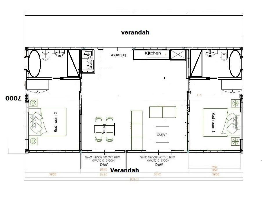 Floor plan: bungalow with veranda, two bedrooms, kitchen, living/dining area.