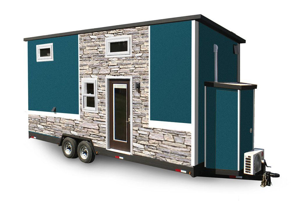 Blue and stone tiny house on a trailer, with a dark brown door and small windows.