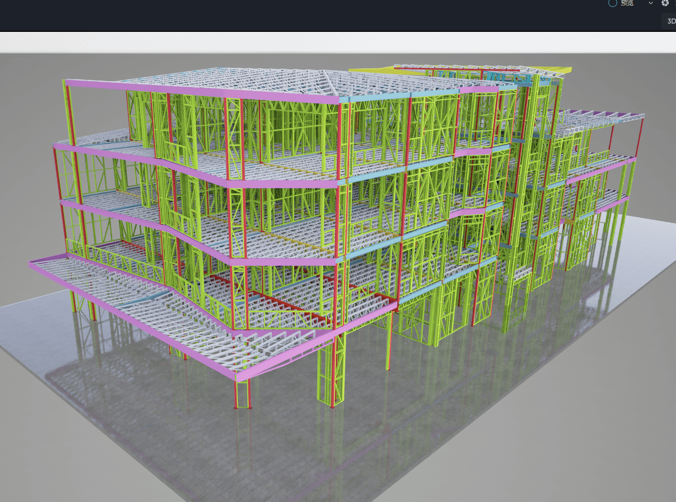 3D model of a building's skeleton with colorful support beams, pink borders, and grey floors on a reflective surface.