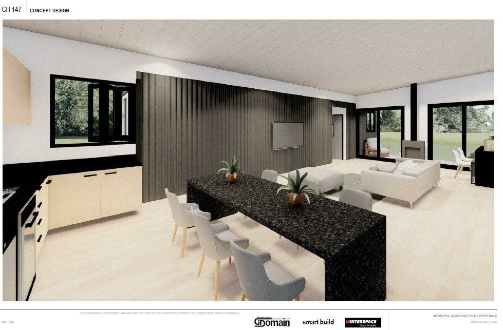 Modern interior rendering. Kitchen, dining area, and living room. Black accents, neutral colors, large windows.