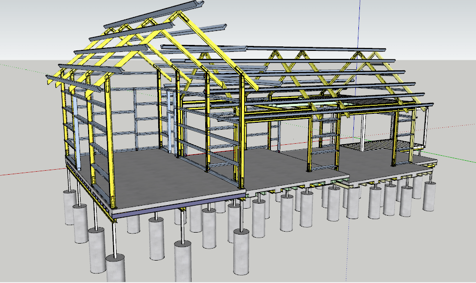 3D model of a house under construction; yellow framing, gray pillars supporting a gray floor.
