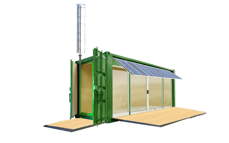 Green shipping container converted into a solar-powered building with open doors, wooden decking, and a tall antenna.