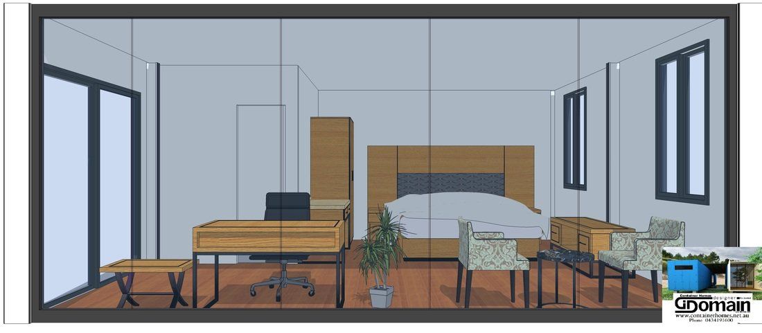 Interior room design with a bed, desk, chairs, and windows. Brown wooden furniture against a light blue wall.