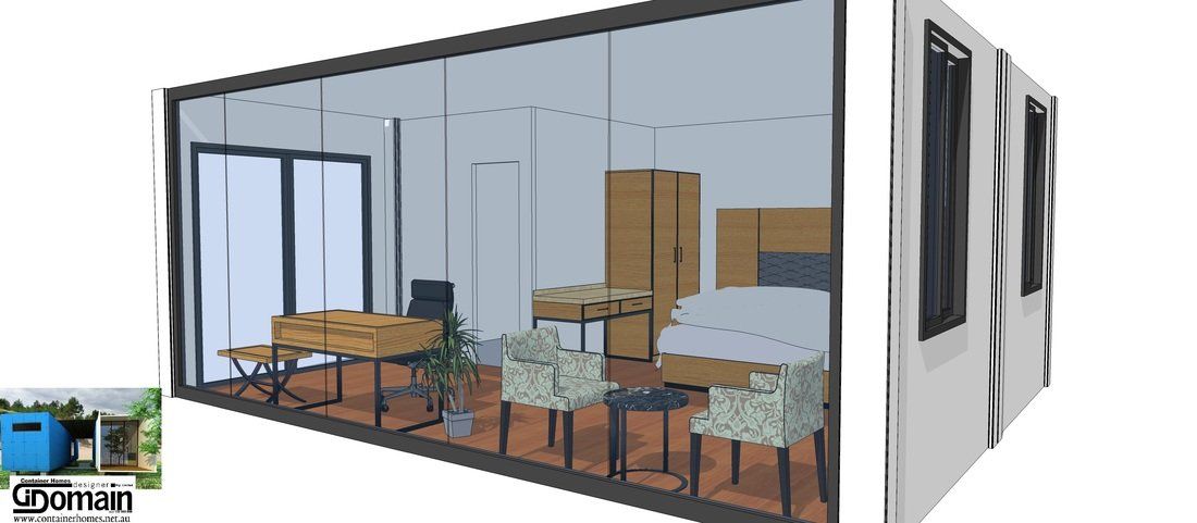 Interior design of a modern office space, featuring a glass wall, wooden furniture, and decorative chairs.