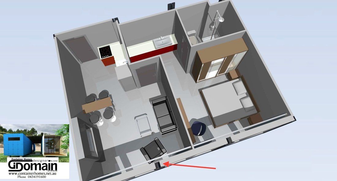 3D floor plan of an apartment with a kitchen, living area, bedroom, and bathroom.