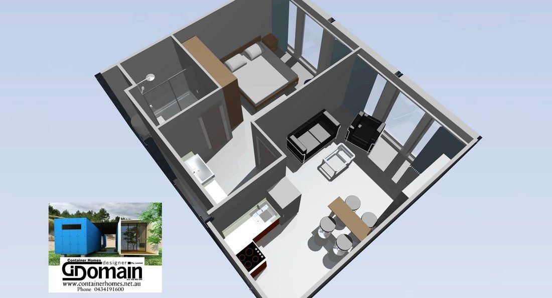 3D rendering of a small apartment layout with a bedroom, living area, and kitchen.